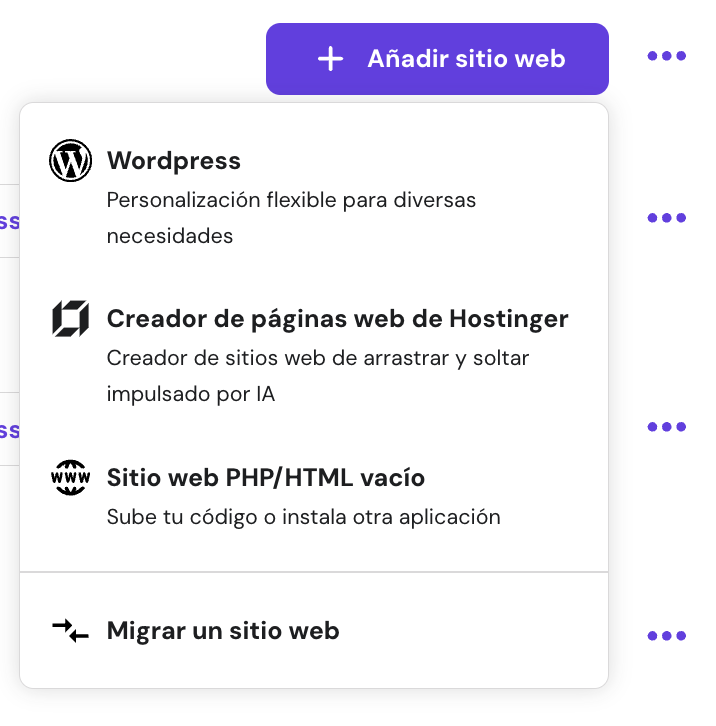 Opciones para a&ntilde;adir sitio web en hPanel