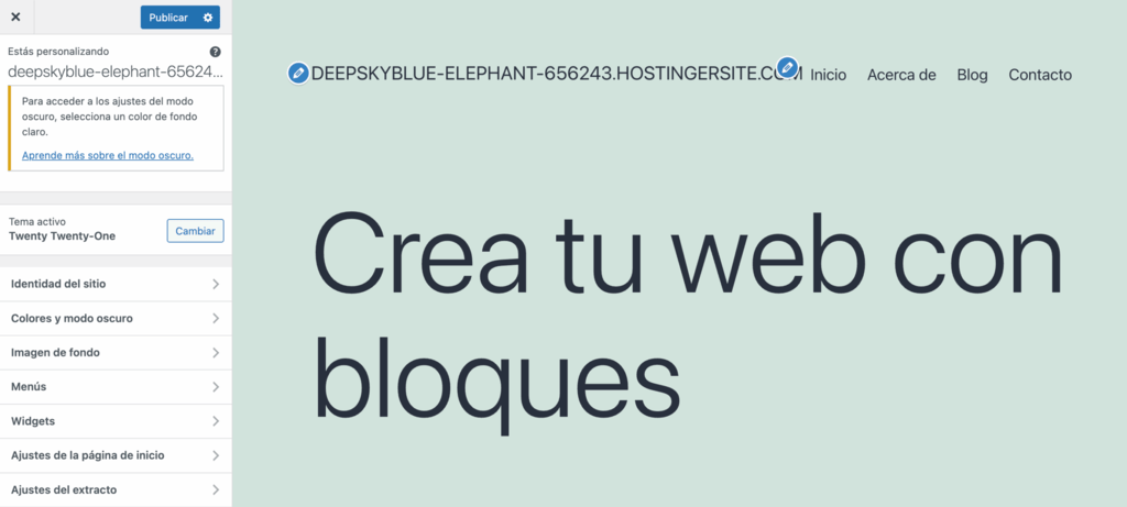Página para personalizar un sitio de WordPress