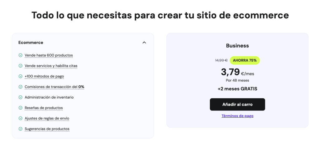 Precio de eCommerce de Hostinger