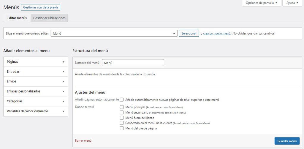 Visualización de la sección de Menús en WordPress