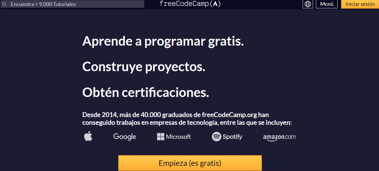 P&aacute;gina de inicio de FreeCodeCamp