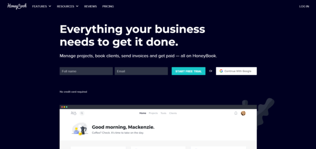 Página de inicio de Honeybook