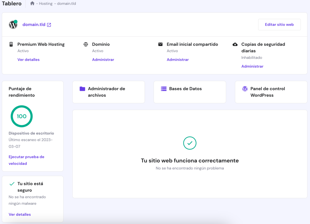 Página de cuenta de hosting en hPanel