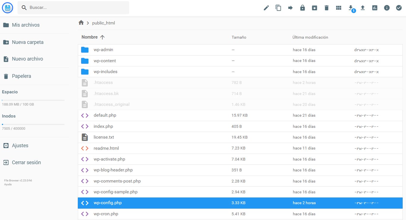Ubicación del archivo wp-config.php en el Administrador de archivos
