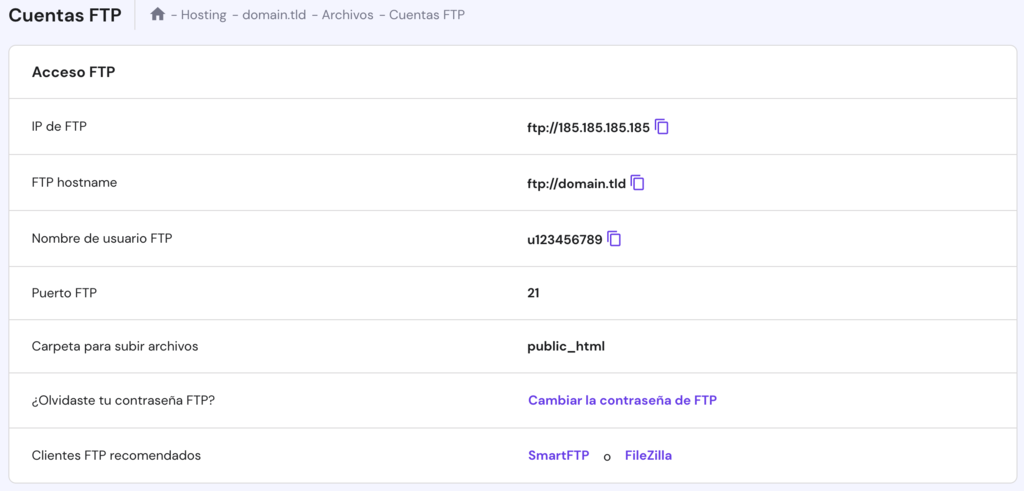 La página de cuentas FTP en hPanel