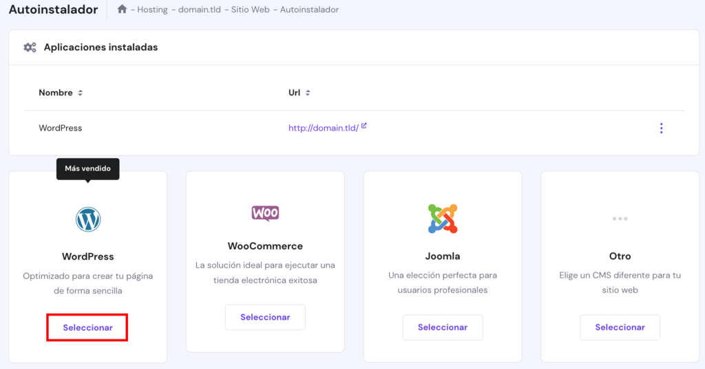 La página del Autoinstalador en hPanel con el botón de selección de WordPress resaltado