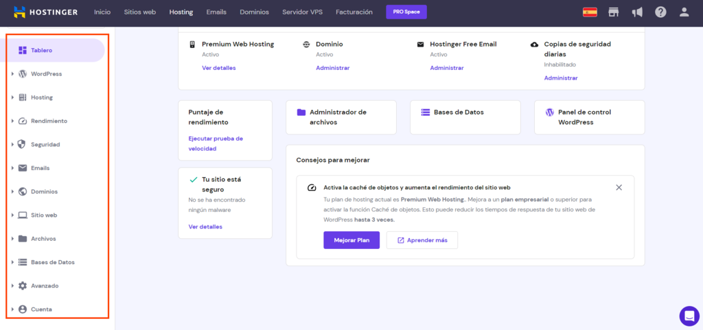 Panel de control hPanel