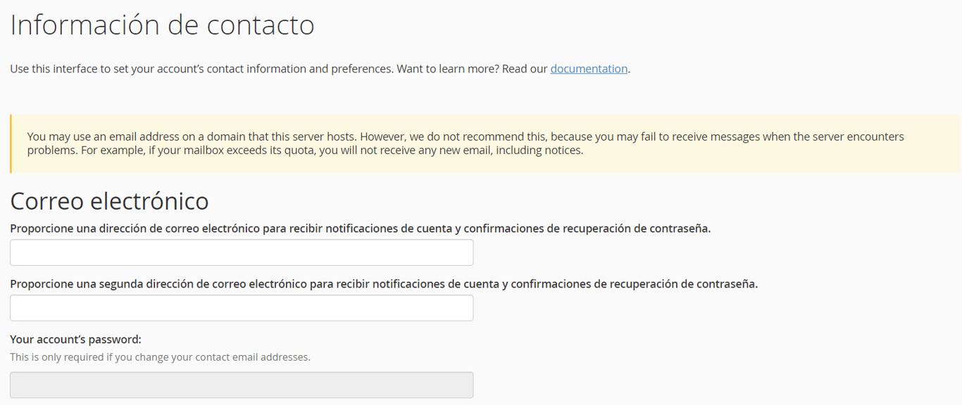 Sección Información de contacto de cPanel