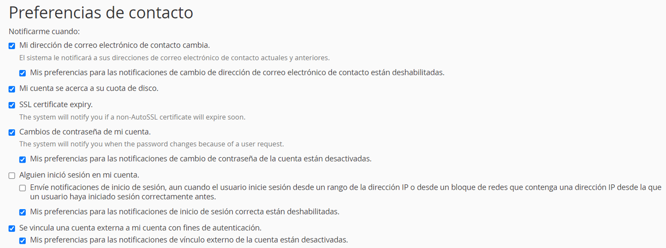 Preferencias de contacto de cPanel