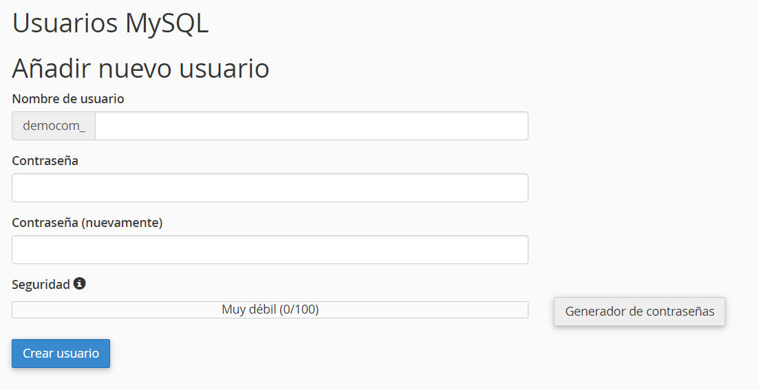Sección de usuarios MySQL de cPanel