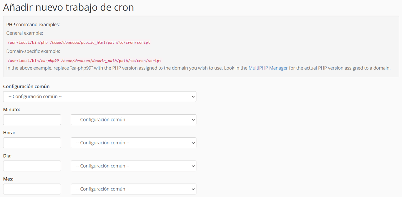 Sección para añadir nuevo Cron Job en cPanel