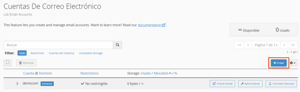 Sección de correos electrónicos de cPanel