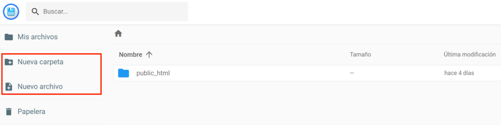 Men&uacute; izquierdo del Administrador de archivos de hPanel