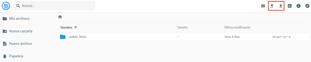 Men&uacute; superior del Administrador de archivos de hPanel