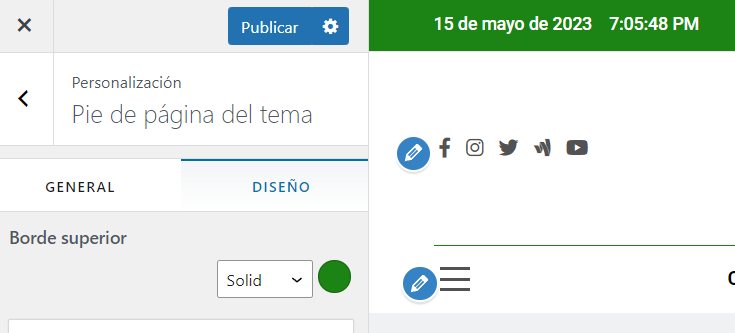Visualización de la opción pie de página del tema.