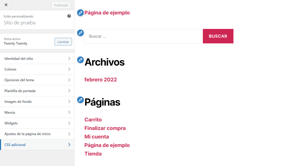 Sección CSS adicional en el personalizador de WordPress.