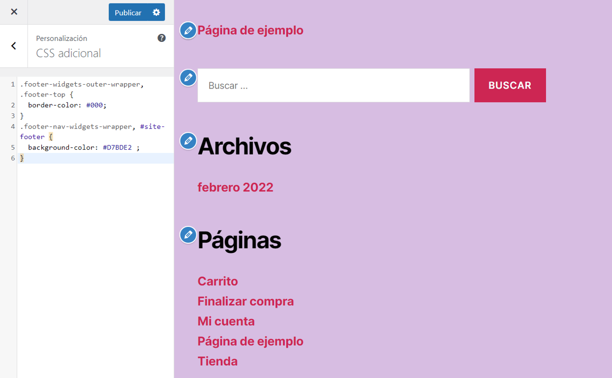 Ejemplo de código CSS para modificar el color del fondo y del borde del pie de página en WordPress.
