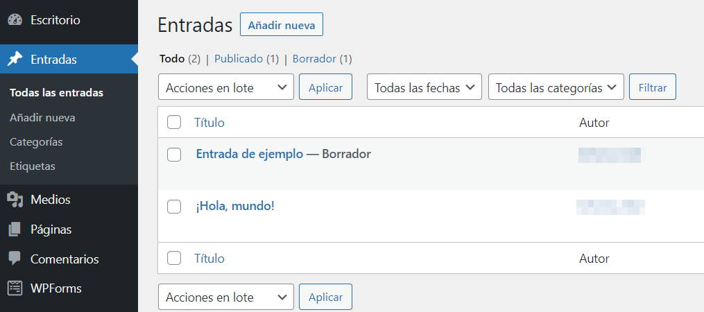 Visualizaci&oacute;n de entradas en el panel de WordPress.