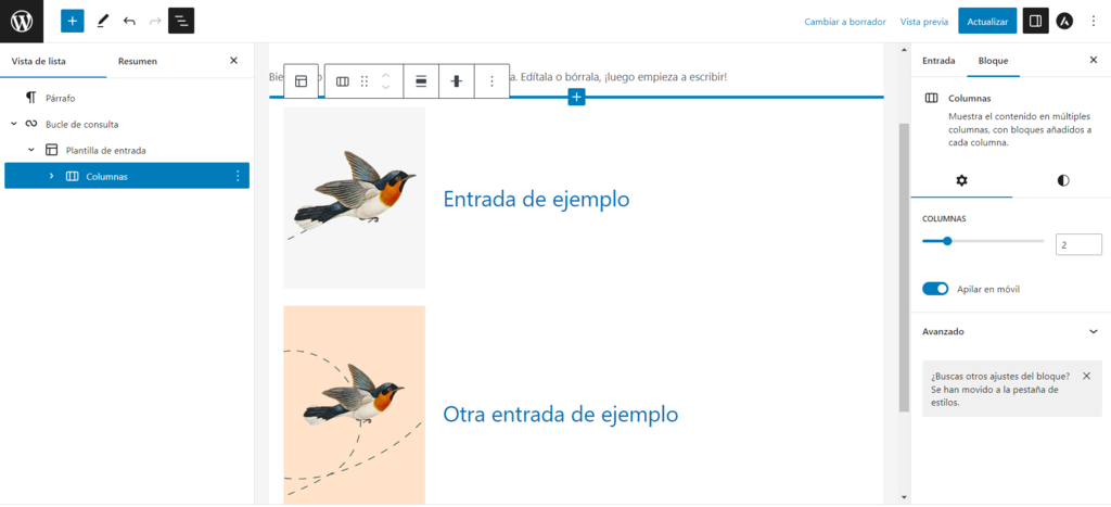 Opci&oacute;n de resumen del documento para ver qu&eacute; bloques se utilizan dentro del bucle de consulta