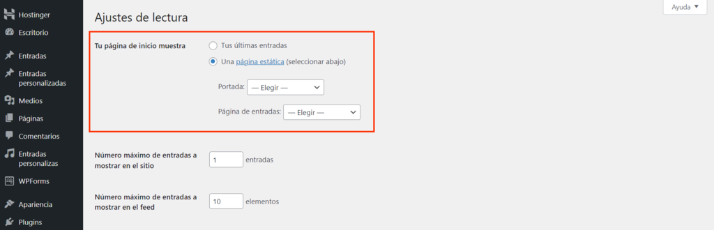 Sección Ajustes de lectura de WordPress