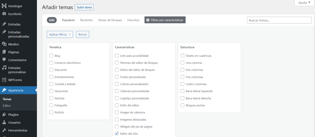 Filtrar temas por características en WordPress