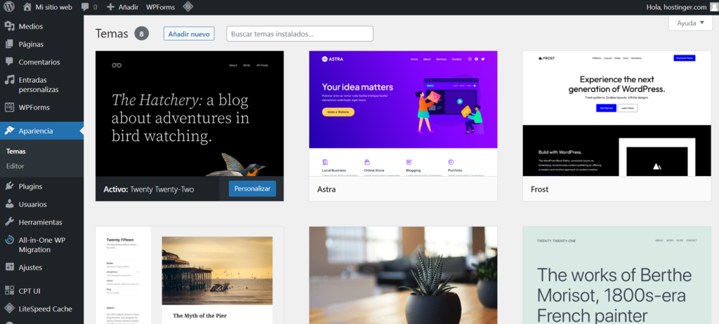 Sección de Temas de WordPress