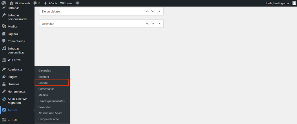 Sección de Lectura de WordPress