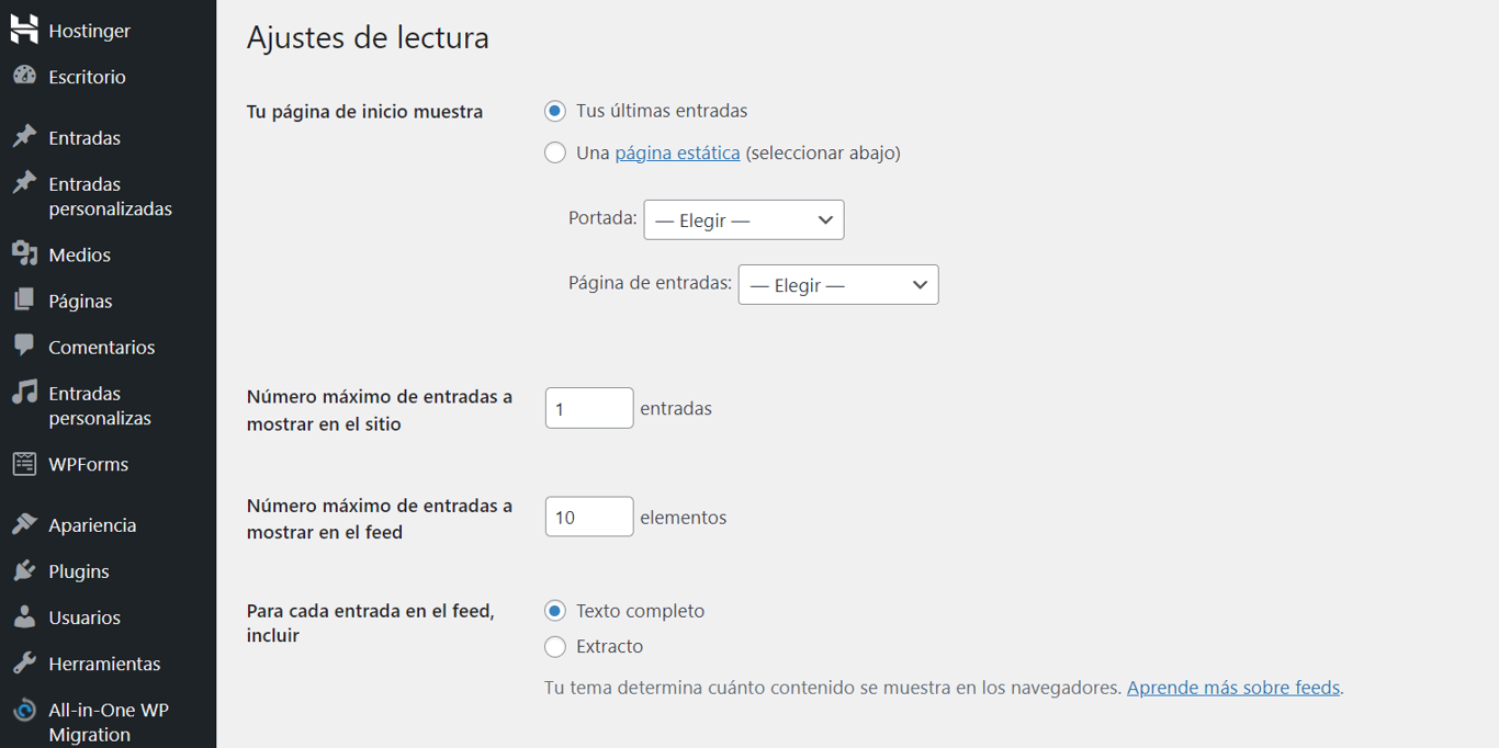 Ajustes de lectura de WordPress
