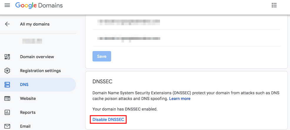 Opci&oacute;n desactivar DNSSEC de la p&aacute;gina DNS de Google Domains