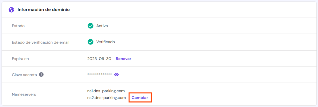 Secci&oacute;n Informaci&oacute;n de dominio de hPanel