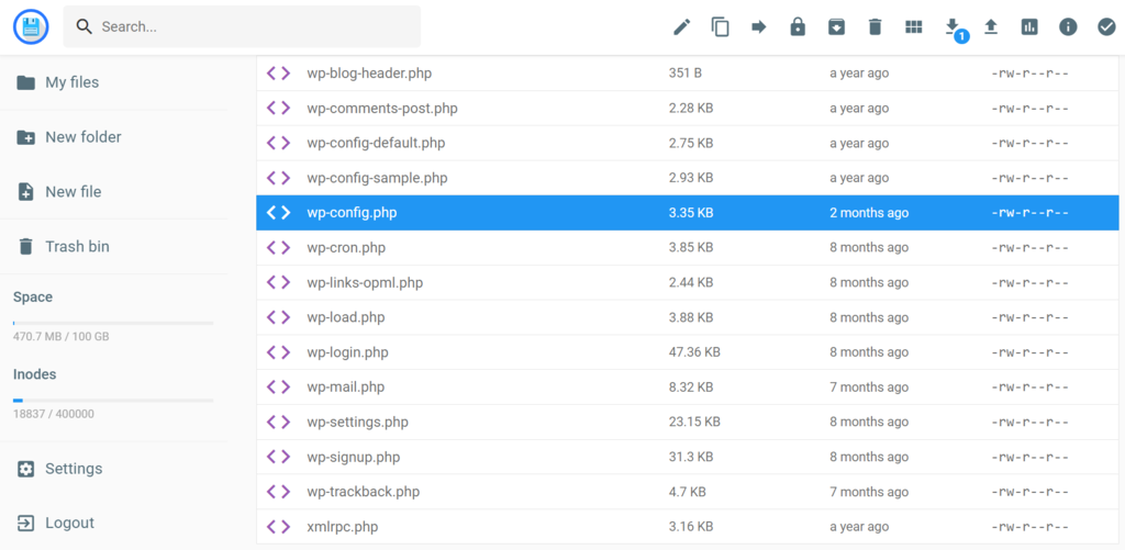 El archivo wp-config.php en el Administrador de archivos
