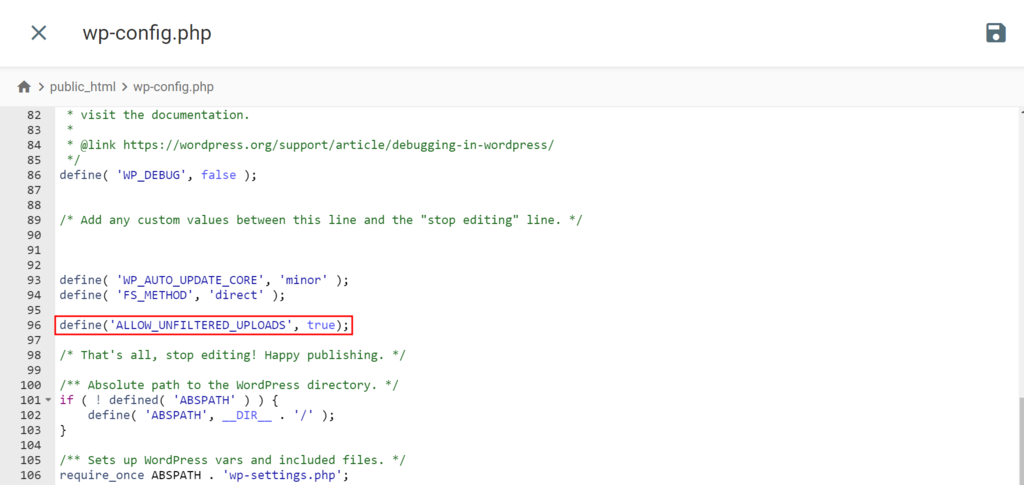 El archivo wp-config.php con el código agregado