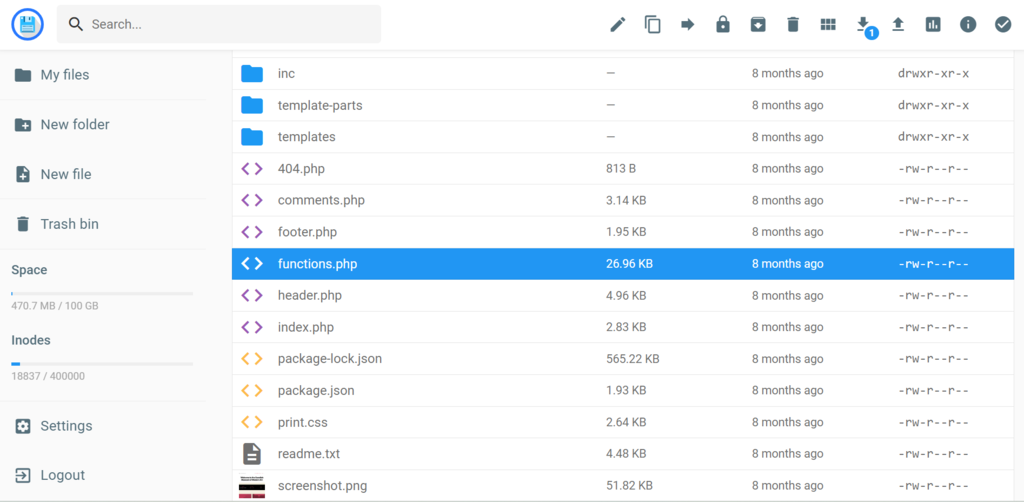 El archivo functions.php en el Administrador de archivos