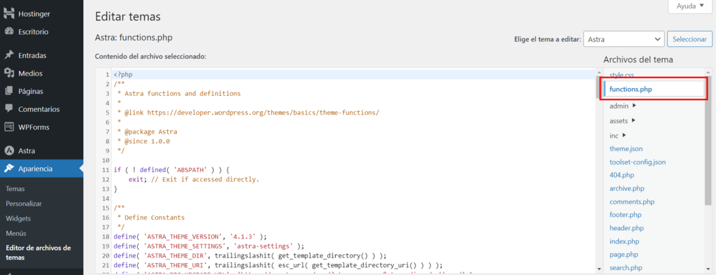 Archivo Functions.php del tema de WordPress