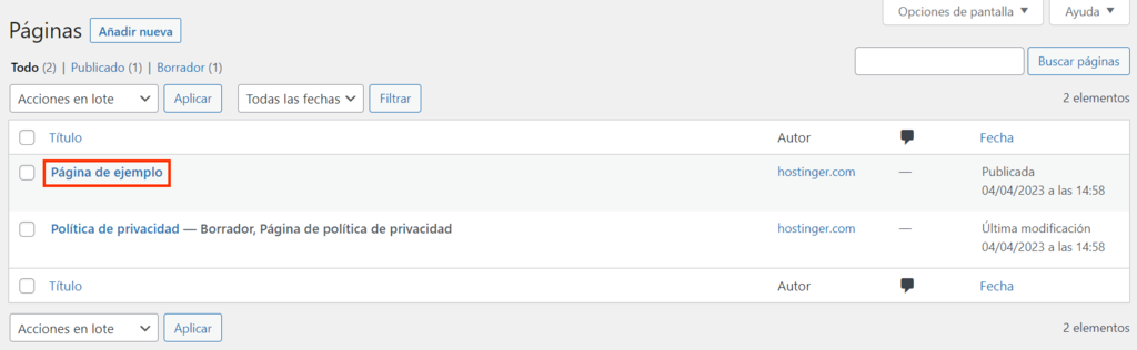 Pestaña Todas las páginas de la sección Páginas de WordPress