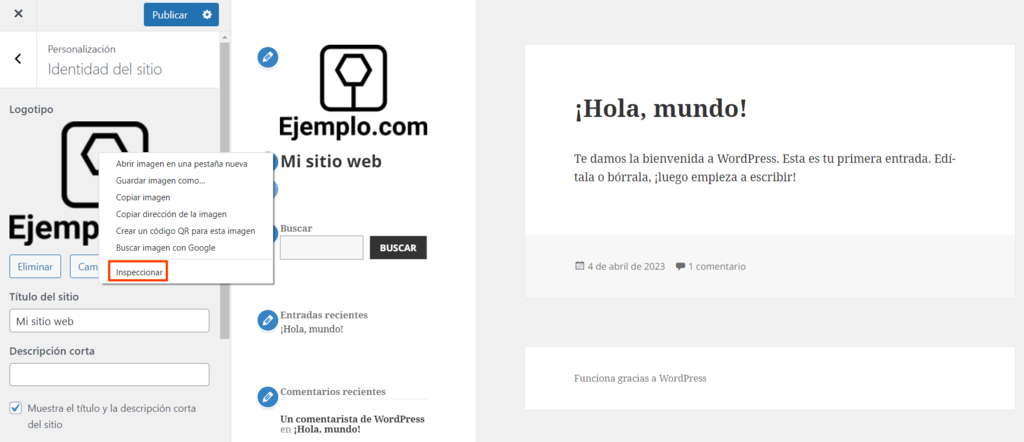 Opción Inspeccionar en el Personalizador de WordPress