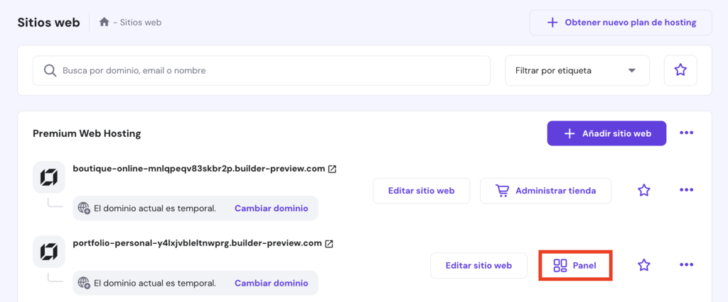 Sección de sitios web de hPanel