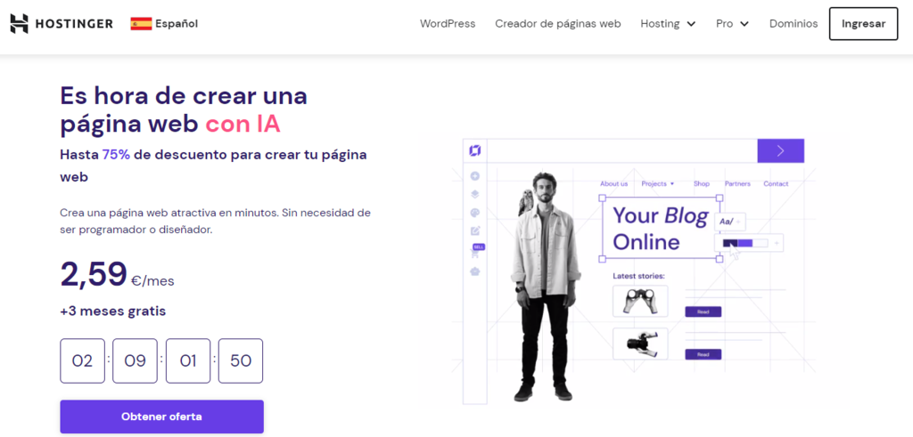 P&aacute;gina web de Hostinger para empezar a crear una web con IA
