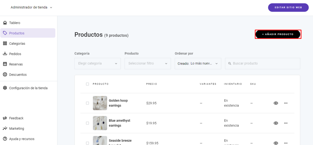 Administrador de productos en Zyro
