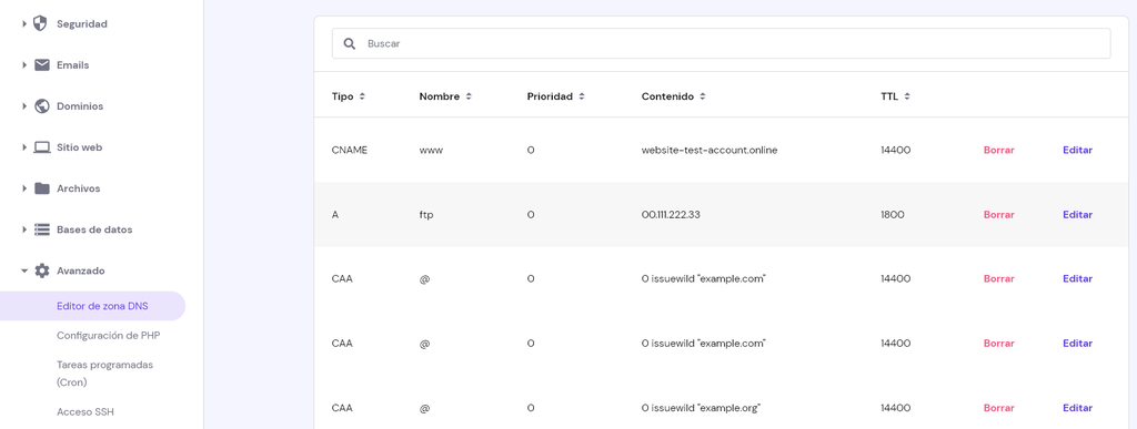 Registos existentes en el Editor de zona DNS de hPanel