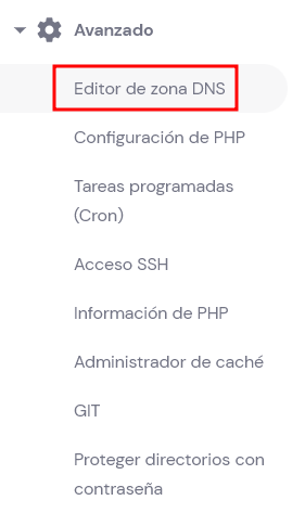 Opci&oacute;n de Editor de zona DNS en Hpanel
