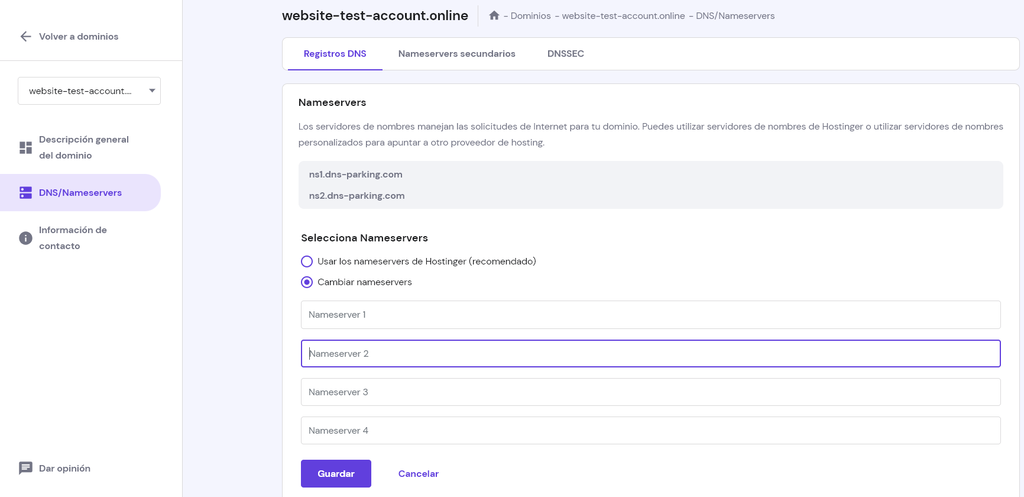 Secci&oacute;n DNS/Nameservers de hPanel