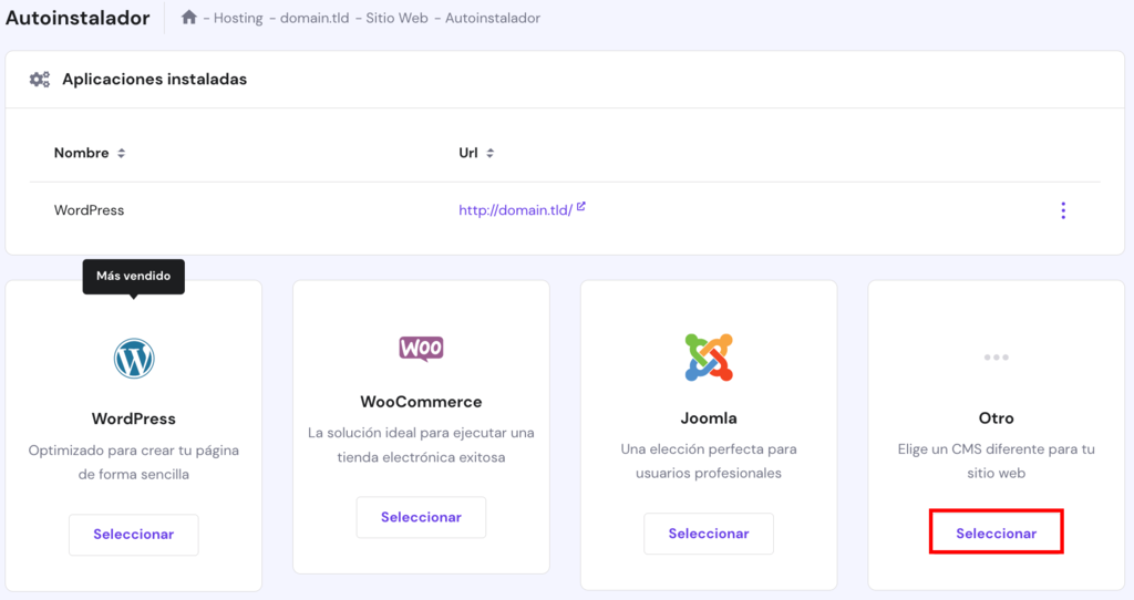 Secci&oacute;n Auto Instalador de hPanel