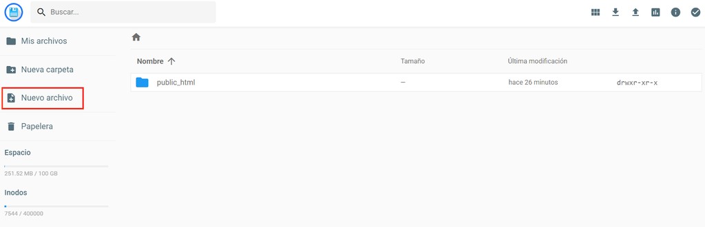 Opci&oacute;n crear Nuevo archivo del Administrador de Archivos de hPanel