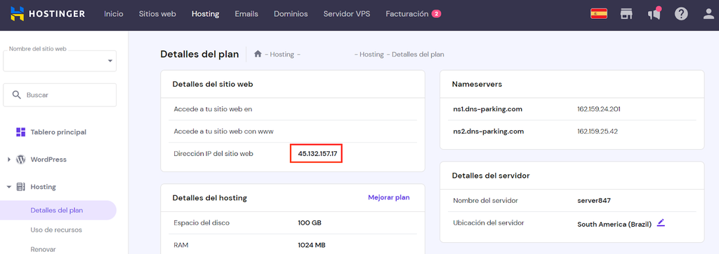 Ubicaci&oacute;n de una direcci&oacute;n IP en hPanel