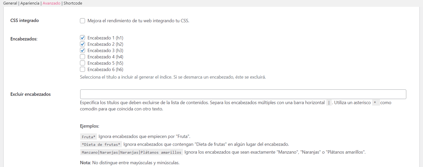 Configuración avanzada de la tabla de contenido en WordPress