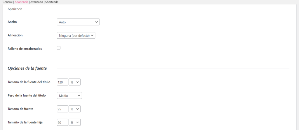 Ajustes de Apariencia de la tabla de contenidos en WordPress
