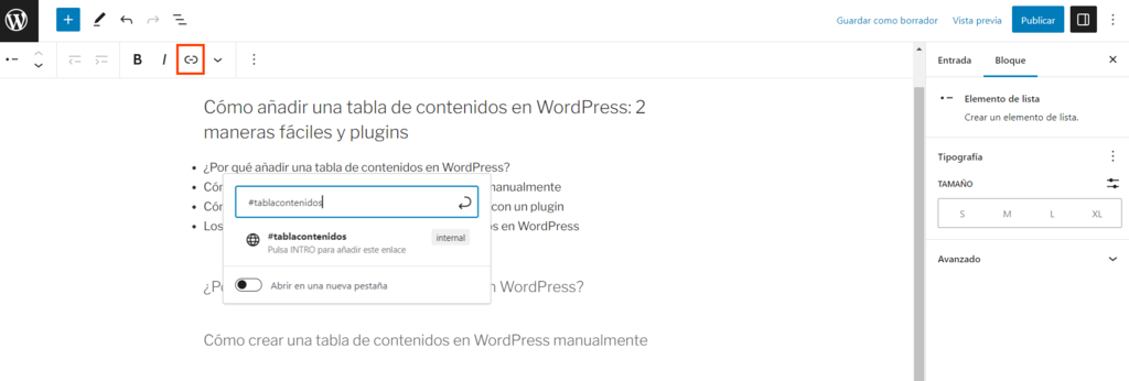 Añadir un enlace en el editor de bloques de WordPress