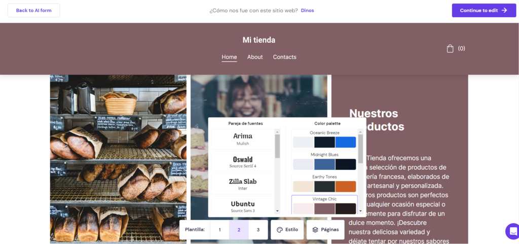 Vista del editor de estilo del creador de p&aacute;ginas web