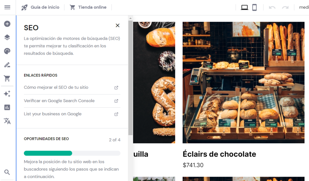 Secci&oacute;n de SEO en el creador de p&aacute;ginas web de Hostinger.